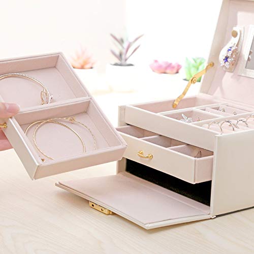 Delgeo Caja para Joyas Pendientes Pulseras Anillos, Caja Joyero con Espejo y Cajones, Cajas para Joyas Regalo, Organizador Joyero con Cerradura - Blanco Perla