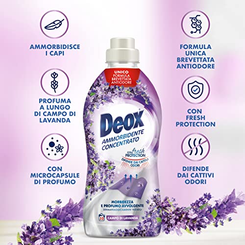 Deox Suavizante concentrado con perfume de campo de lavanda – Fórmula patentada antiolores – Eficacia activa contra los malos olores – 33 lvg x 8 envases, 5280 ml