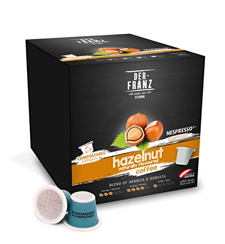 DER-FRANZ - Cápsulas de café aromatizado con avellana natural, compatibles con Nespresso, 100 % compostables, 50 cápsulas