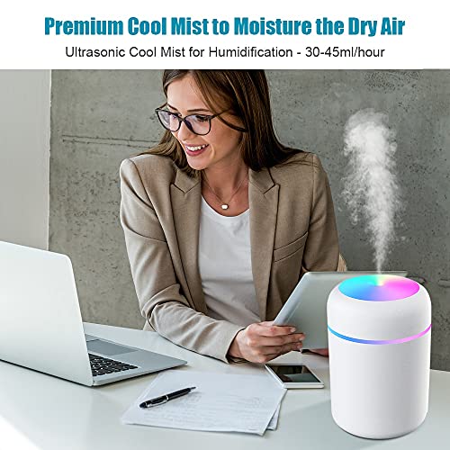 DERSHARA Humidificador Mini - Unidad de humidificación de Primera Calidad con Tanque de Agua de 300ml, Funcionamiento ultrasónico silencioso, Apagado automático y función de luz Nocturna (Blanco)