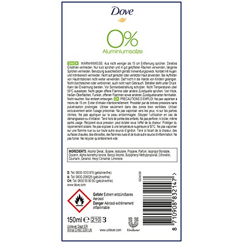 Desodorante Dove en spray de té verde y pepino, 0% de sales de aluminio, 6 unidades de 150 ml