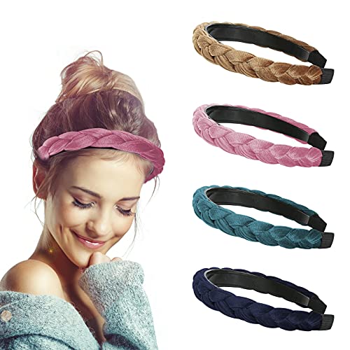 Diademas Trenzadas Mujer, Comius Sharp 4 Pcs Diademas Acolchadas de Terciopelo Bandas, Tela Bandas para el Pelo de Tela Diadema Anchas Accesorios para el Cabello para Mujeres Niñas (B)