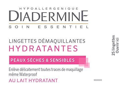 Diadermine – Toallitas desmaquillantes limpiadoras hidratantes – pieles secas y sensibles – Alta tolerancia – Paquete de 25 piezas de fibras de orgina natural