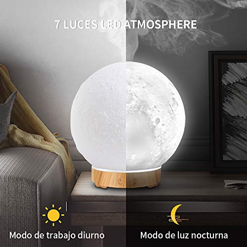 Difusor Aromaterapia De Luz Luna,200ml Ultrasonice Humidificador Aceites Esenciales Sin BPA nebulizador Bebe ,Luz Nocturna de 7 Colores, Universal para casa Oficina Yoga SPA Dormitorio