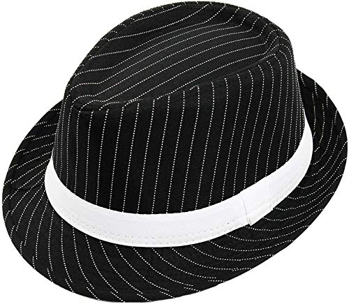 Disfraz de gánster de la mafia de Al Capone de los años 20, juego de accesorios en blanco y negro con sombrero de rayas, cejas, corbata blanca y tirantes blancos