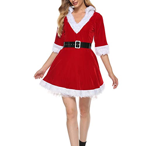 Disfraz sexy de Papá Noel de Navidad con cuello en V y media manga de terciopelo de cintura alta de una línea mini vestido de X-mas Cosplay de lujo con capucha vestido con cinturón, rosso, S