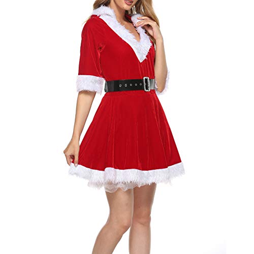 Disfraz sexy de Papá Noel de Navidad con cuello en V y media manga de terciopelo de cintura alta de una línea mini vestido de X-mas Cosplay de lujo con capucha vestido con cinturón, rosso, S