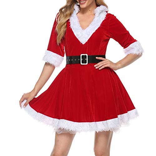 Disfraz sexy de Papá Noel de Navidad con cuello en V y media manga de terciopelo de cintura alta de una línea mini vestido de X-mas Cosplay de lujo con capucha vestido con cinturón, rosso, S