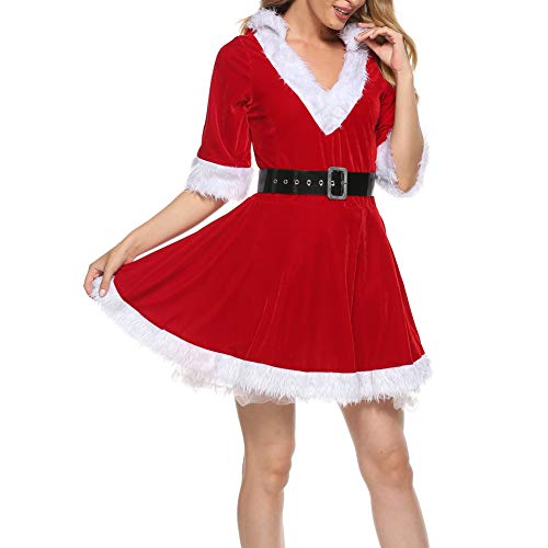 Disfraz sexy de Papá Noel de Navidad con cuello en V y media manga de terciopelo de cintura alta de una línea mini vestido de X-mas Cosplay de lujo con capucha vestido con cinturón, rosso, S