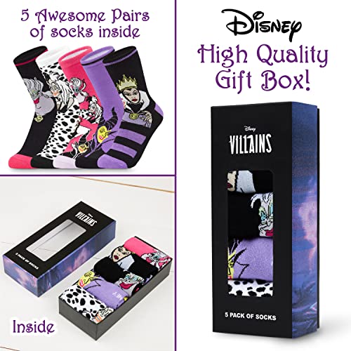 Disney Calcetines Mujer Divertidos de Princesas y Villanas, Pack de 5 Calcetines Altos Mujer, Regalos Originales para Mujer (Villanos Morados)