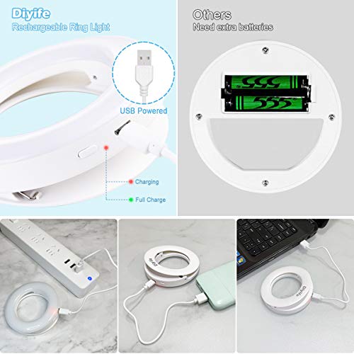 Diyife Anillo de luz Selfie,[Versión Mejorada] 40 LED USB Recargable Selfie Light Clip en Teléfono con Ajuste Continuo de 3 Modos de luz para Youtube, Facebook,Transmisión en Vivo, Maquillaje, Vlog