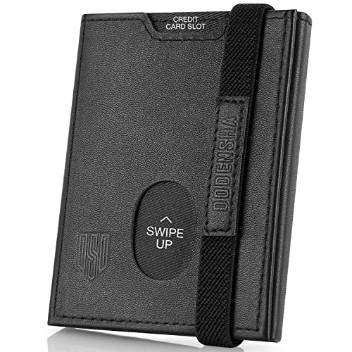 DODENSHA Billetera Hombre Pequeña Carteras para Hombre RFID Tarjetero Monedero Hombre Cartera Cuero Hombre Piel con Cremallera, 6 Ranuras para Tarjetas, 1 Ranuras para ID, Banda Elástica (Negro)