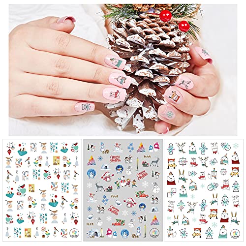 DPKOW navideñas Pegatinas para uñas,3D autoadhesivas pegatinas para uñas navideñas transferencia pegatinas nievecopos,nievemuñecos,pegatinas para Navidad árboles para niñas y mujeres,8 hojas