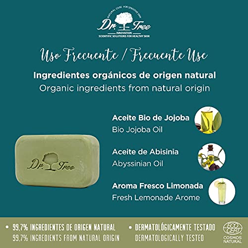 Dr. Tree Gel Sólido Ecológico Uso Frecuente | Especial Piel Sensible | Refuerza el Microbioma | ECOCERT. 99,7% Ingredientes Naturales | Aceite de Jojoba y Manteca de Cacao | Vegano Sin Plástico. 120gr