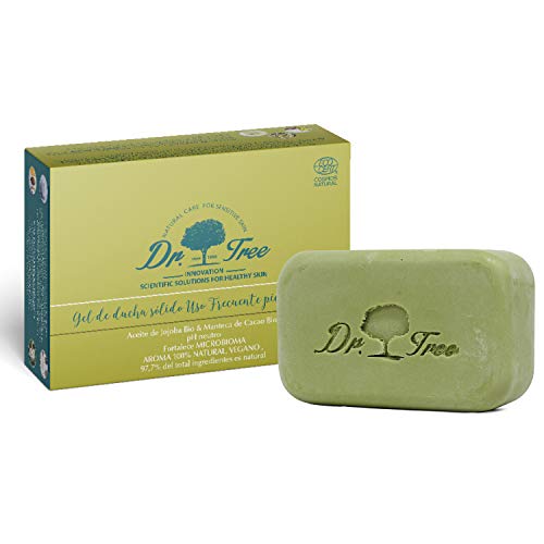 Dr. Tree Gel Sólido Ecológico Uso Frecuente | Especial Piel Sensible | Refuerza el Microbioma | ECOCERT. 99,7% Ingredientes Naturales | Aceite de Jojoba y Manteca de Cacao | Vegano Sin Plástico. 120gr