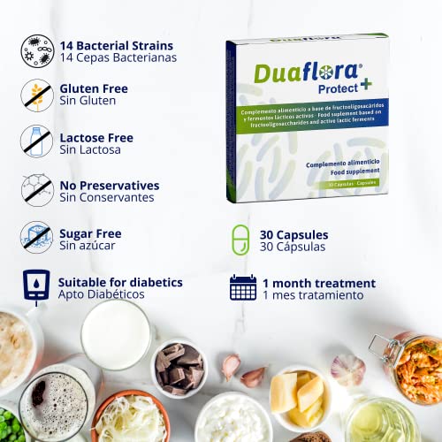 DUAFLORA Prebioticos y Probioticos Intestinales 30 Capsulas - Fortalecen Tus Defensas y la Flora Intestinal - 14 Cepas Lactobacilos y Bifidobacterias - Sin Gluten - Sin Lactosa - Apto Diabeticos - Capsulas 1 mes