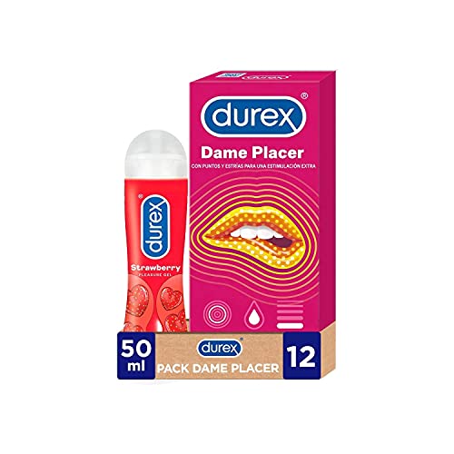 Durex Pack Preservativos Dame Placer 12 Condones + Durex Lubricante Sabor y Aroma Fresa de Base Agua - 50 ml