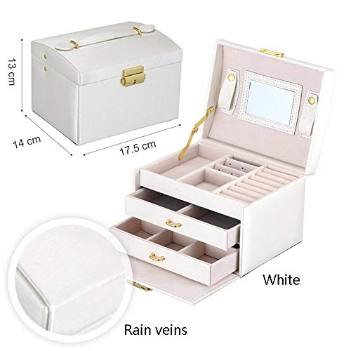 E-MANIS Caja Joyero Caja de Joyas,Estuche Rectangular para Guardar Joyas,Pendientes,Anillos y Collares,Espejo y Cajones,Tapa Elevable para Relojes (Blanco)