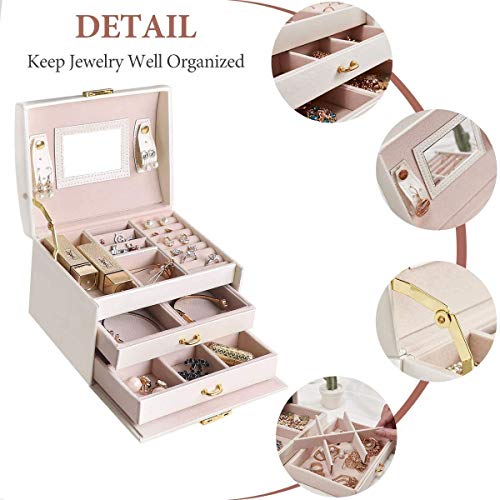 E-MANIS Caja Joyero Caja de Joyas,Estuche Rectangular para Guardar Joyas,Pendientes,Anillos y Collares,Espejo y Cajones,Tapa Elevable para Relojes (Blanco)