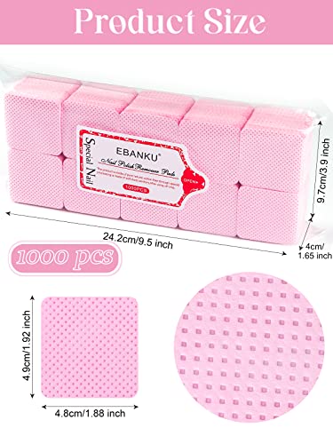 EBANKU 1000 piezas Rosa Almohadilla de Algodón para Uñas, Limpieza Cosmética Toallitas Tela No Tejida Limpiador Pegamento Almohadillas de Limpieza Esmalte de Uñas