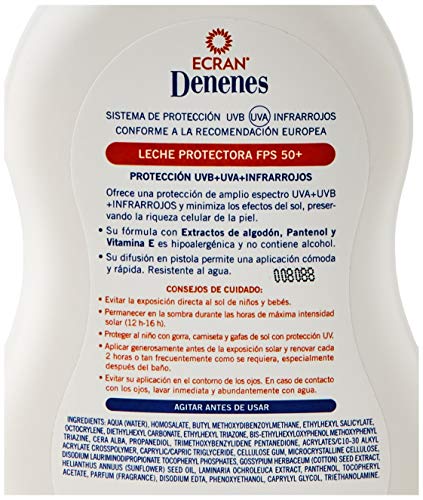 Ecran Denenes - Spray de Leche Solar Protectora SPF 50 para Pieles Sensibles y Atópicas, Pieles Mojadas, 80 Minutos de Duración - 300 ml