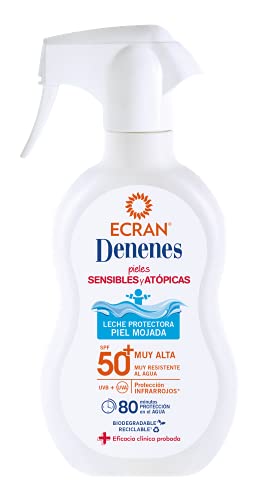 Ecran Denenes - Spray de Leche Solar Protectora SPF 50 para Pieles Sensibles y Atópicas, Pieles Mojadas, 80 Minutos de Duración - 300 ml