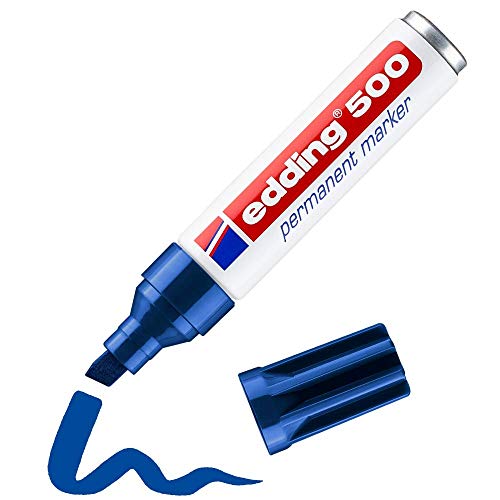 edding 500 marcador permanente - azul - 1 rotulador - punta biselada 2-7 mm - resistente al agua, de secado rápido, rotuladores indelebles - para cartón, plástico, madera, metal, vidrio