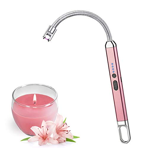 Encendedor de velas, USB recargable de arco eléctrico sin llama de plasma con pantalla LED cuello flexible, multiuso y resistente al viento, oro rosa