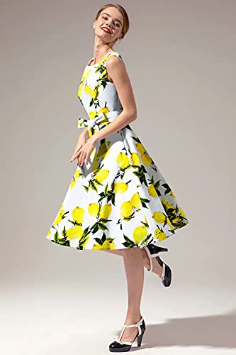 Enmain Vestido Vintage para Mujer Cóctel Años 50 Fiesta Vestido de Retro Sin Mangas Rockabilly Boda Mujeres Elegante Vestidos con Cinturón y Bolsillos Limón Amarillo M