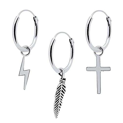 ENTREPLATA Pendientes Plata de Ley 925. Aretes para Mujer Niña Hombre Niño Unisex. Tres Aros de Plata con Tres Colgantes formas de Rayo, Cruz y Pluma