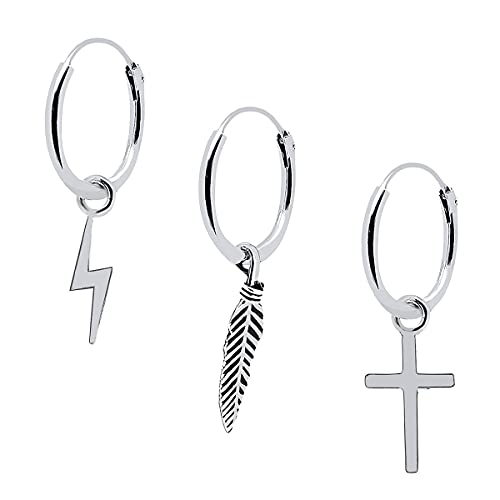 ENTREPLATA Pendientes Plata de Ley 925. Aretes para Mujer Niña Hombre Niño Unisex. Tres Aros de Plata con Tres Colgantes formas de Rayo, Cruz y Pluma