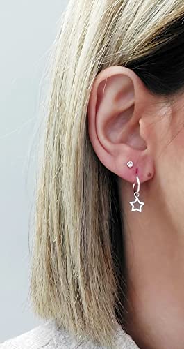 ENTREPLATA Pendientes Plata de Ley 925. Aros con Colgante forma de Estrella. Pendientes Mujer Niña Hombre Niño Unisex. Par de Aretes Criollas con colgante de Estrella Calada