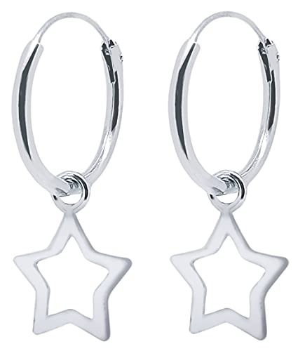 ENTREPLATA Pendientes Plata de Ley 925. Aros con Colgante forma de Estrella. Pendientes Mujer Niña Hombre Niño Unisex. Par de Aretes Criollas con colgante de Estrella Calada