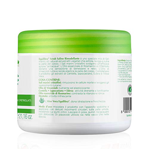 Equilibra Cuidado Corporal, Exfoliante Corporal a Base de Aloe Vera, Suaviza y Nutre la Piel, Mezcla de Sales Marinas con Efecto Antiretención de Agua, Aceites Naturales y Extractos Vegetales, 600 g