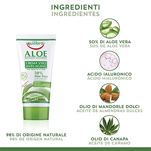 Equilibra Cuidado Facial, Crema Facial Antienvejecimiento a Base de Aloe Vera con Efecto Hidratante, Calmante y Protector para Prevenir las Arrugas y los Signos de Envejecimiento, 50 ml