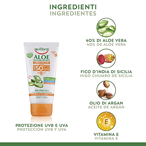 Equilibra Protector Solar, Crema Solar Aloe PROSUN-UV Spf 50+ con Aloe Vera, Aceite de Zanahoria y Vitamina E, Pieles Delicadas, Contra el Eritema y el Fotoenvejecimiento, Resistente al Agua, 75 ml