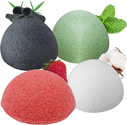 Esponja RSDLWQSJ Facial (4 Piezas), Sponge Set para Limpieza y Exfoliación Profunda de Poros, Naturales Carbón de Bambú/Té Verde/Esponja Rosado/Esponja Blanca, Esponjas Faciales para Todo Tipo de Piel