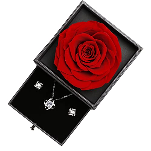 Eterna Rosa Preservada, Juego de Rosas Eternas,Caja Regalo Rosas Rojas Collar con Arete, Regalo de Cumpleaños Perfecto, Regalo Romántico para el Día de San Valentín,Día de la Madre,Aniversario,Navidad