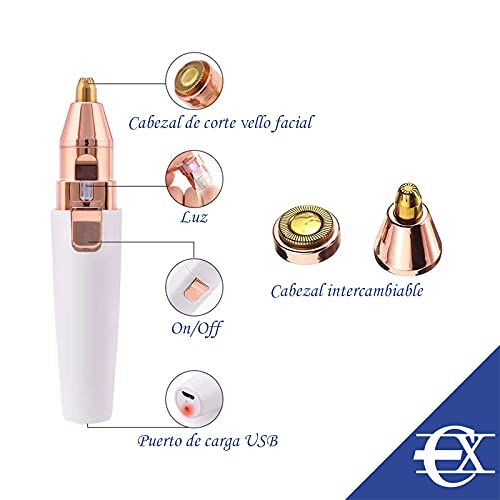 EUROXANTY Depilador Facial Eléctrico | Depilador de Cejas | Cabezal 2 en 1 | Con luz | Perfecta para Retoques de Cejas, Labios, Nariz y Orejas | Carga USB | Blanco