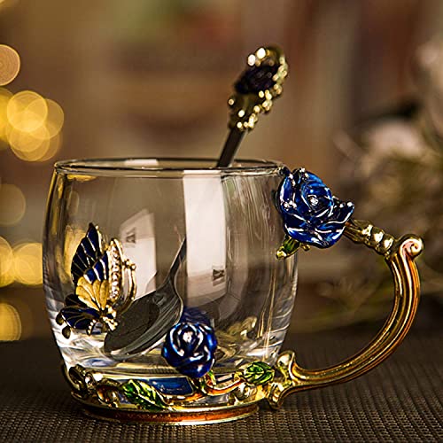 Evecase -Esmalte Hecha a Mano Cristal Taza,Taza de Té y Café, Motivo 3D de Mariposas y Flores,Regalos Originales para Mujer Esposa Friends Mama Profesora Amiga Cumpleaños Navidad Dia de la Madre