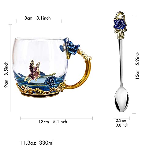 Evecase -Esmalte Hecha a Mano Cristal Taza,Taza de Té y Café, Motivo 3D de Mariposas y Flores,Regalos Originales para Mujer Esposa Friends Mama Profesora Amiga Cumpleaños Navidad Dia de la Madre