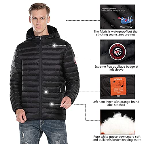 Extreme Pop Chaqueta para Hombre De Pura Pluma Blanca de Ganso con Capucha (L, Negro1)