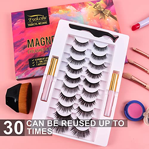 EYEKESHE Pestañas Postizas Magneticas Naturales Incluir Delineador de Ojos y Rizador de Pestañas, Cómodo Impermeable Reutilizable, Adecuado para Maquillaje Carnaval, Boda, Fiesta （5 Pares）