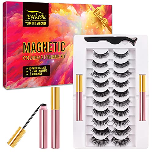 EYEKESHE Pestañas Postizas Magneticas Naturales Incluir Delineador de Ojos y Rizador de Pestañas, Cómodo Impermeable Reutilizable, Adecuado para Maquillaje Carnaval, Boda, Fiesta (10 pares)