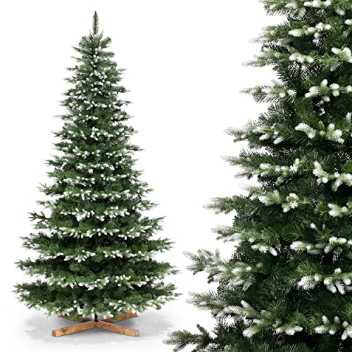 FairyTrees Árbol de Navidad Artificial Abeto Noble Nordmann de Blanco Nevado, Material PU/PVC, con Soporte de Madera Incluido, Árbol de Navidad Abeto Noble Nordmann Cubierto de Nieve, 220cm