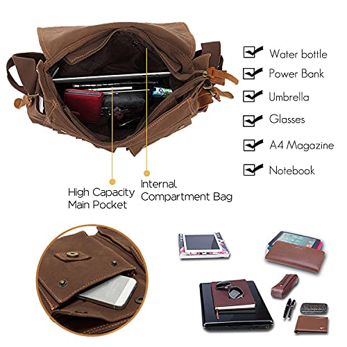 FANDARE Nuevo Bolso de Bandolera Lona Bolsa Mensajero Bolso de Hombro Bolsos Cruzados para 14 Pulgadas Laptop Maletín Hombre Mujer Crossbody Bag para Conmutar Trabajo Viaje Profesor Light Marrón