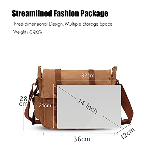 FANDARE Nuevo Bolso de Bandolera Lona Bolsa Mensajero Bolso de Hombro Bolsos Cruzados para 14 Pulgadas Laptop Maletín Hombre Mujer Crossbody Bag para Conmutar Trabajo Viaje Profesor Light Marrón