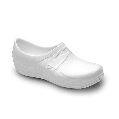 Feliz Caminar - Zapatos Sanitarios Nebula/con Correa Antideslizantes y Cómodos/Anatómicos/Cocina, Sanidad, Hostelería (Blanco 36)