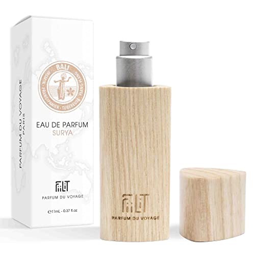 FiiLiT parfum du voyage Agua de perfume SURYA BALI, Écrin de Bois, Mixto, Spray recargable, Flor de Frangipani Ylang Ylang Tuberose, Oriental Floral, para unisex, 11 mL 3.5 x 10 x 3.2