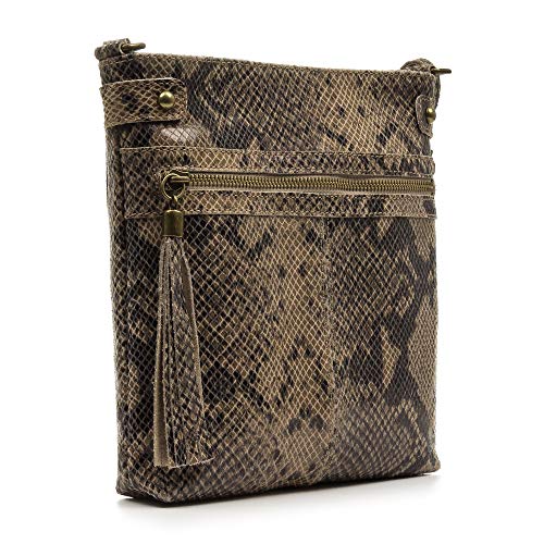 FIRENZE ARTEGIANI. Pelagia Bolso Bandolera Mujer.Piel auténtica Gamuza Estampado Serpiente .Made in Italy. Vera Pelle Italiana.24x5x23 cm. Color: Taupe